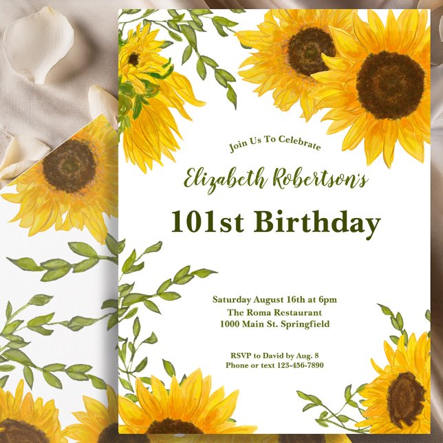 Invitation Watercolor Sunflowers Women's 101st Birthday  (Créateur téléchargé)