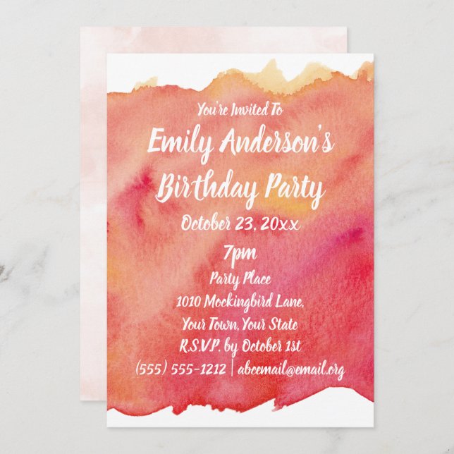 Invitation Watercolor Sunset fête d'anniversaire (Devant / Derrière)