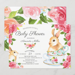 Invitation Watercolor Sweet Bunny Baby shower Tea Party