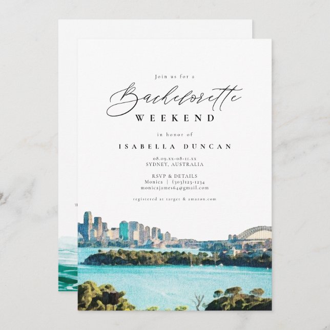 Invitation Watercolor Sydney Australie Skyline Tropical Beach (Devant / Derrière)