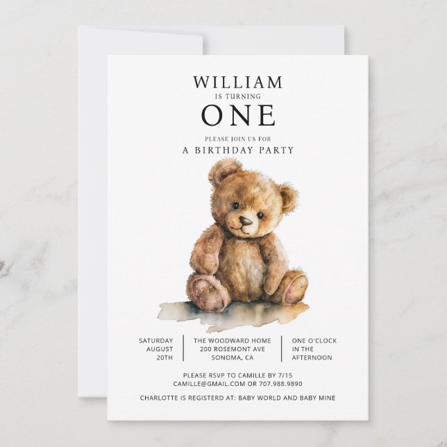 Invitation Watercolor Teddy Bear 1st Birthday Party (Devant)