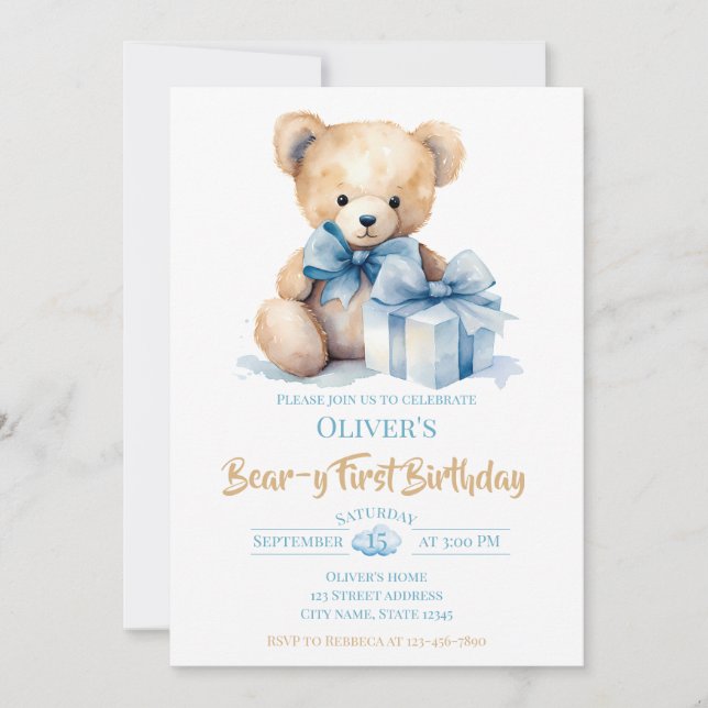 Invitation Watercolor Teddy Bear Bear-y First Birthday Party (Devant)