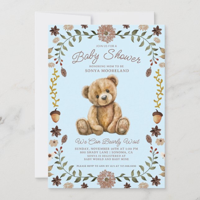 Invitation Watercolor Teddy Bear Boy Blue Baby Shower (Devant)