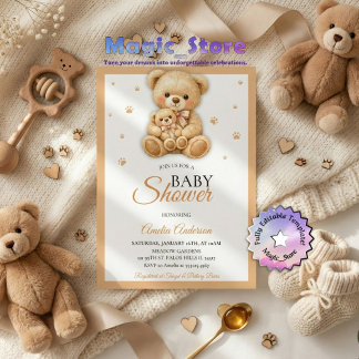 Invitation Watercolor Teddy Bear Mommy Cub Paws Baby Shower