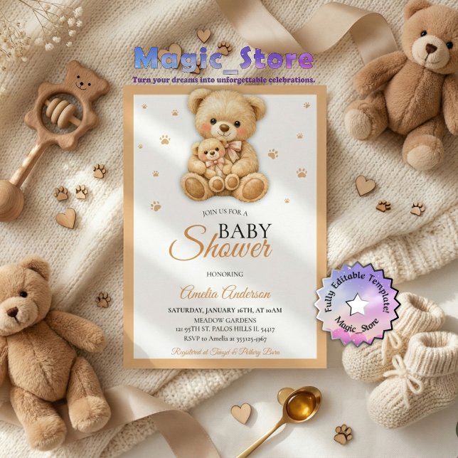 Invitation Watercolor Teddy Bear Mommy Cub Paws Baby Shower (Créateur téléchargé)