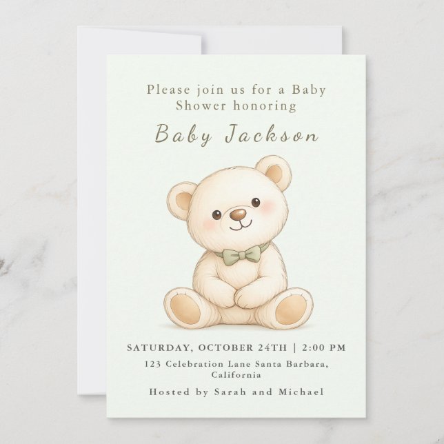 Invitation Watercolor Teddy Bear Sage Green (Devant)