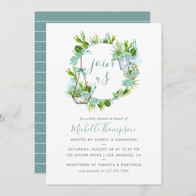 Invitation Watercolor Terrarium Baby shower de garçon succule (Devant / Derrière)
