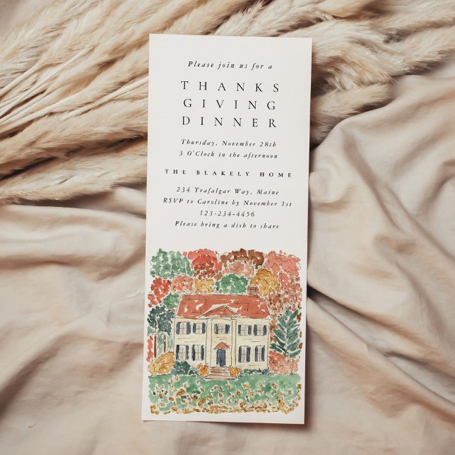 Invitation Watercolor Thanksgiving Dinner Georgian House (Watercolor Thanksgiving Dinner Georgian House Invitation)