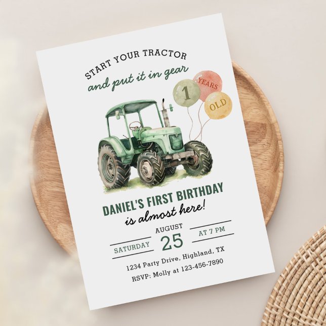 Invitation Watercolor Tracteur 1ère fête d'anniversaire (Créateur téléchargé)