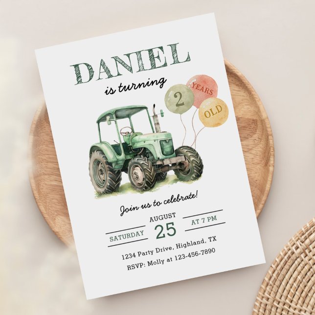 Invitation Watercolor Tractor 2e fête d'anniversaire (Créateur téléchargé)