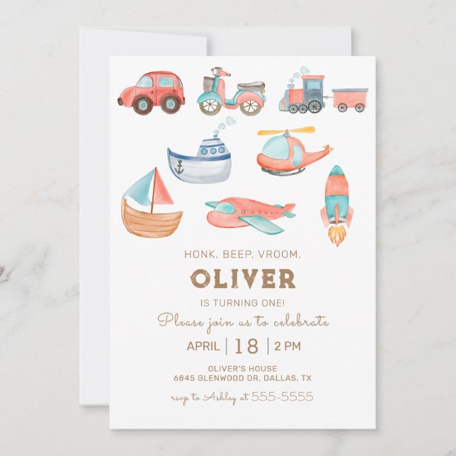 Invitation Watercolor Transportation Boy Birthday Party (Devant)