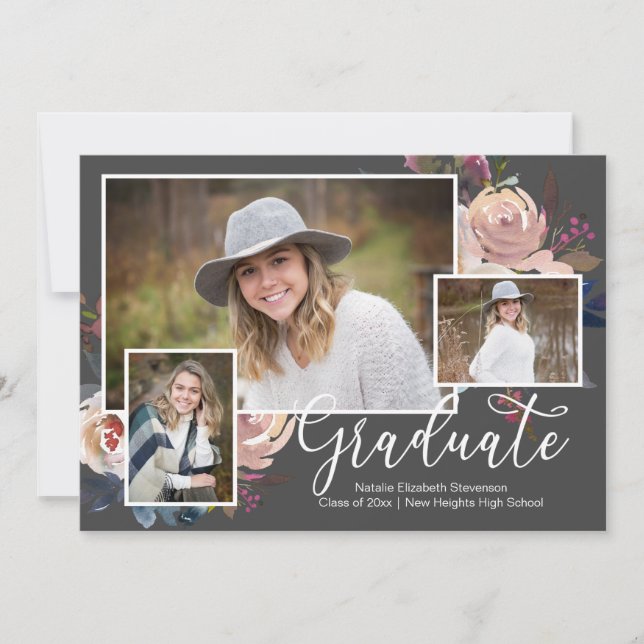 Invitation Watercolor Trois photo Floral Graduation Party (Devant)