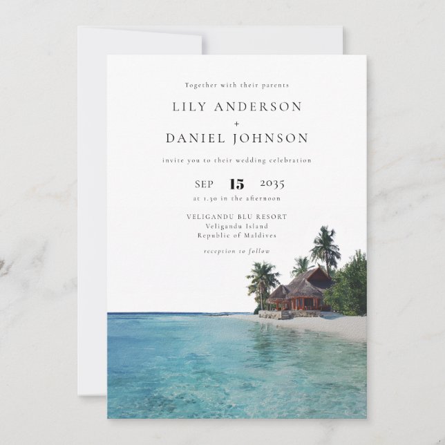 Invitation Watercolor Tropical Beach QR Code Wedding (Devant)