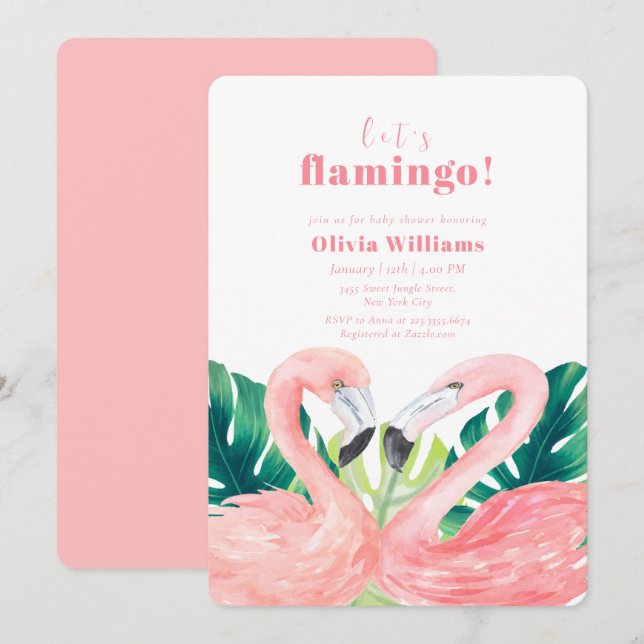 Invitation Watercolor Tropical Couple Flamingo Baby Shower (Devant / Derrière)