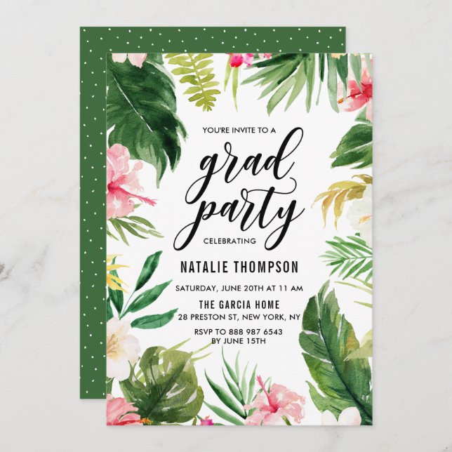 Invitation Watercolor Tropical Floral Frame Graduation Party (Devant / Derrière)