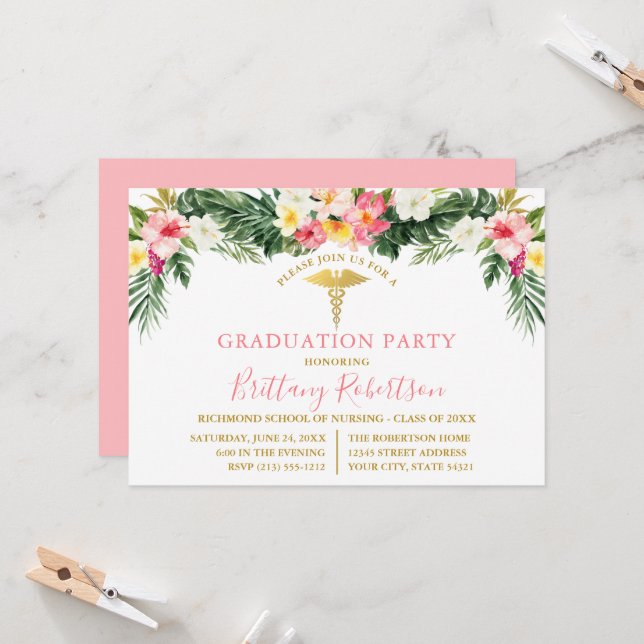 Invitation Watercolor Tropical Floral Pink Medical Grad Party (Devant/Arrière en situation)
