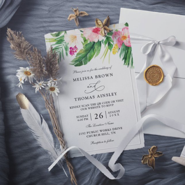 Invitation Watercolor Tropical Flowers Budget QR Code Wedding (Créateur téléchargé)