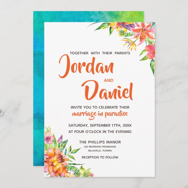 Invitation Watercolor Tropics Floral Chic Destination Mariage (Devant / Derrière)