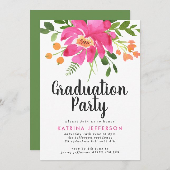 Invitation Watercolor Tropics Graduation Party (Devant / Derrière)
