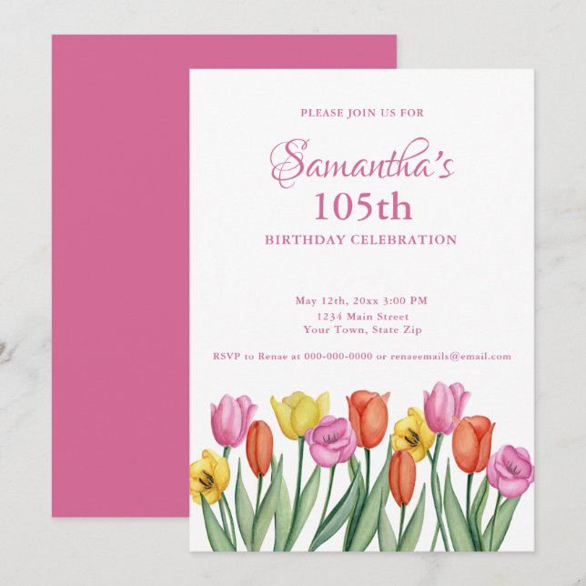 Invitation Watercolor Tulips 105th Birthday Party (Devant / Derrière)