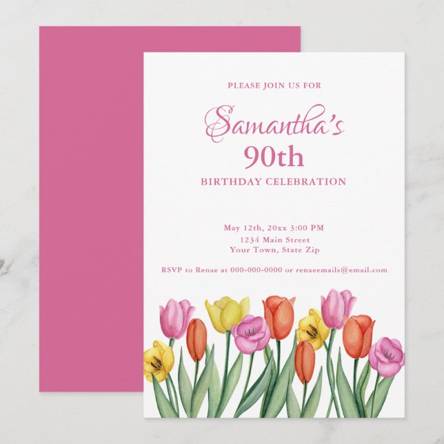 Invitation Watercolor Tulips 90e anniversaire fête (Devant / Derrière)