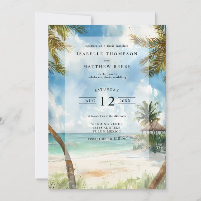 Invitation Watercolor Tulum Plage tropicale Mariage (Devant)