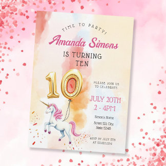 Invitation Watercolor Unicorn Gold Balloon Girl 10th Birthday