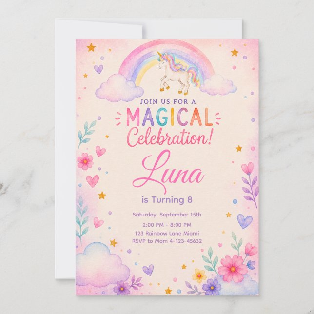 Invitation Watercolor Unicorn Party Invite (Devant)