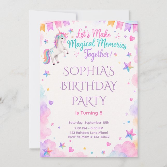 Invitation Watercolor Unicorn Pink Party Invite (Devant)