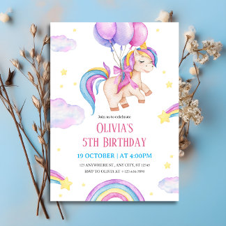 Invitation Watercolor Unicorn & Rainbows Birthday