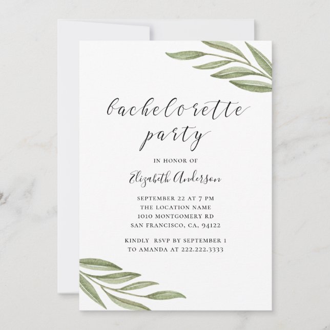 Invitation Watercolor verdure calligraphie bachelorette fête (Devant)