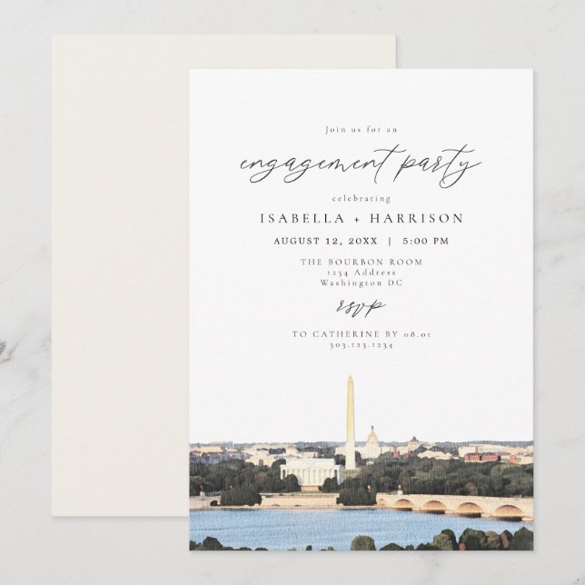 Invitation Watercolor Washington DC Monument Engagement Party (Devant / Derrière)