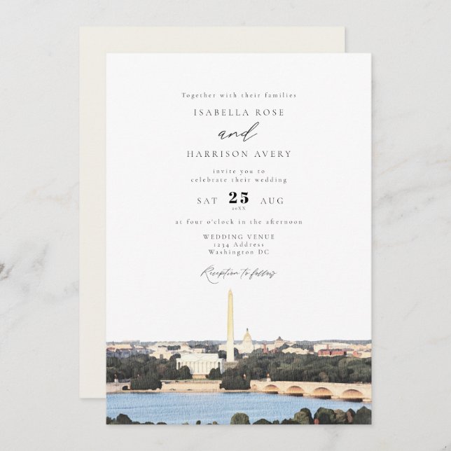 Invitation Watercolor Washington DC Monument Skyline Mariage (Devant / Derrière)