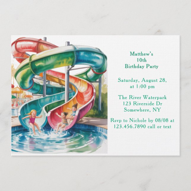 Invitation Watercolor Waterslide Kids Birthday Party (Devant)