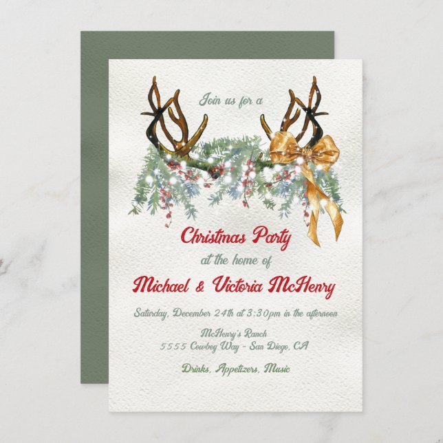 Invitation Watercolor Western Antler Noël Party (Devant / Derrière)