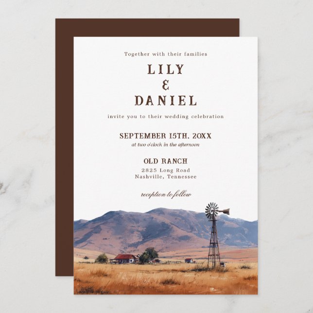 Invitation Watercolor Western Mountain Cowboy Ranch Wedding (Devant / Derrière)