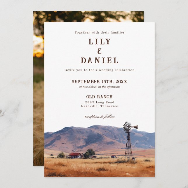 Invitation Watercolor Western Mountain Ranch Photo Wedding (Devant / Derrière)