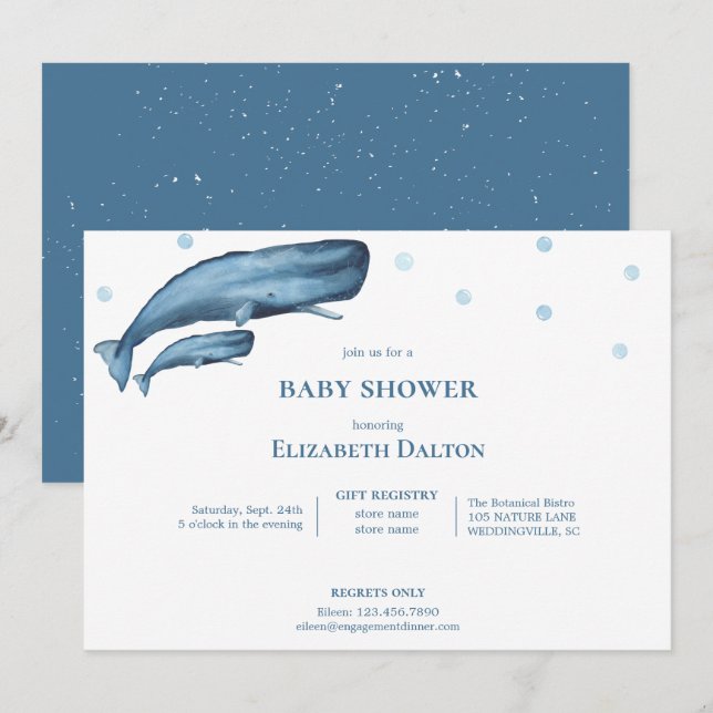 Invitation Watercolor Whales Ocean Baby shower (Devant / Derrière)