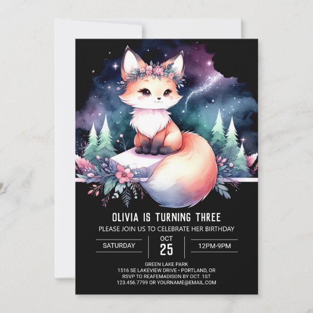 Invitation Watercolor Whimsical Fox Anniversaire numérique (Devant)