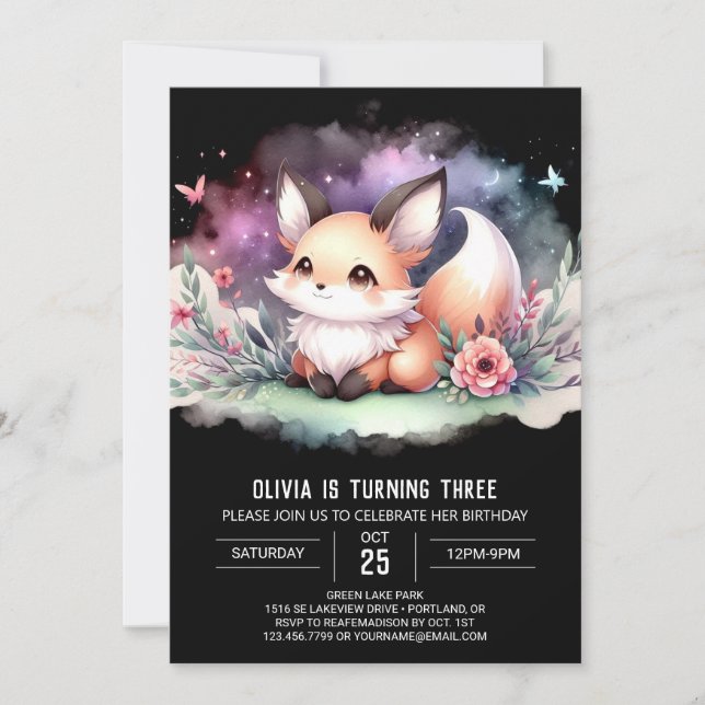 Invitation Watercolor Whimsical Fox Anniversaire numérique (Devant)