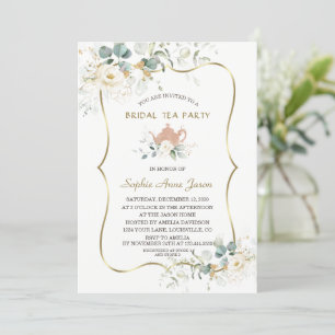 Invitation Watercolor White Floral Gold Bride Tea Party