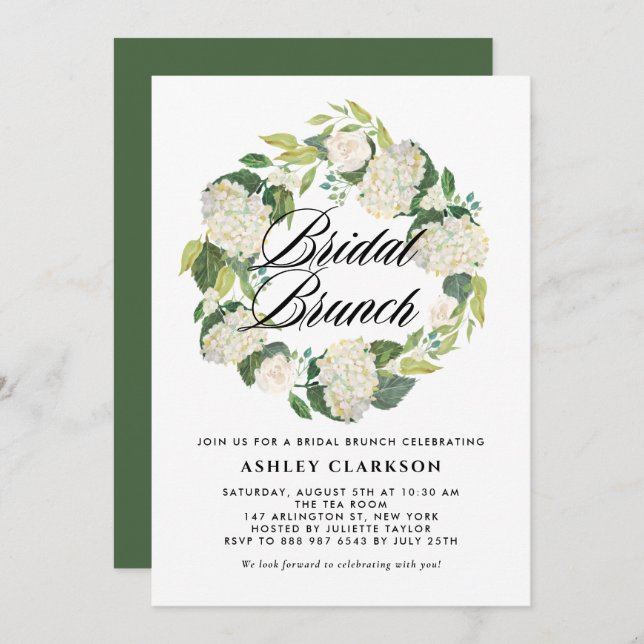 Invitation Watercolor White Hydrangea Wreath Bridal Brunch (Devant / Derrière)