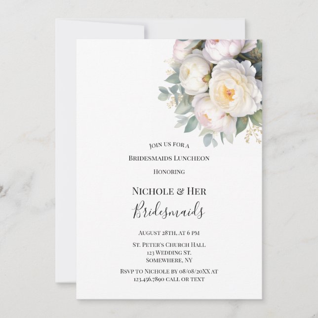 Invitation Watercolor White Peonies Bridesmaids Luncheon (Devant)