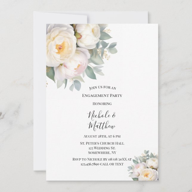 Invitation Watercolor White Peonies Engagement Party (Devant)