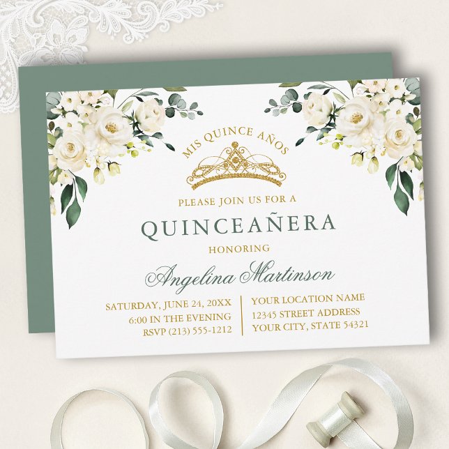 Invitation Watercolor White Roses Sage Green Gold Quinceanera (Customize to change text color, text style or color of back of card.)
