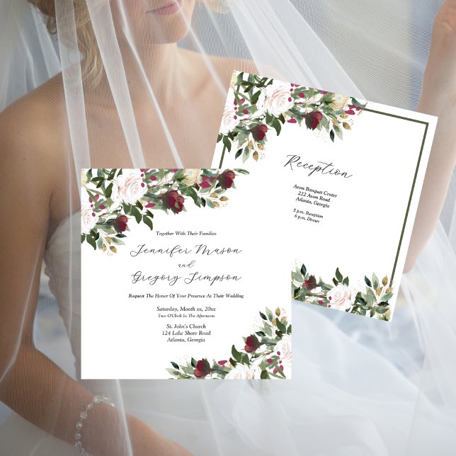 Invitation Watercolor White Roses With Cranberry Flowers (Watercolor White Roses With Cranberry Flowers Invitation)