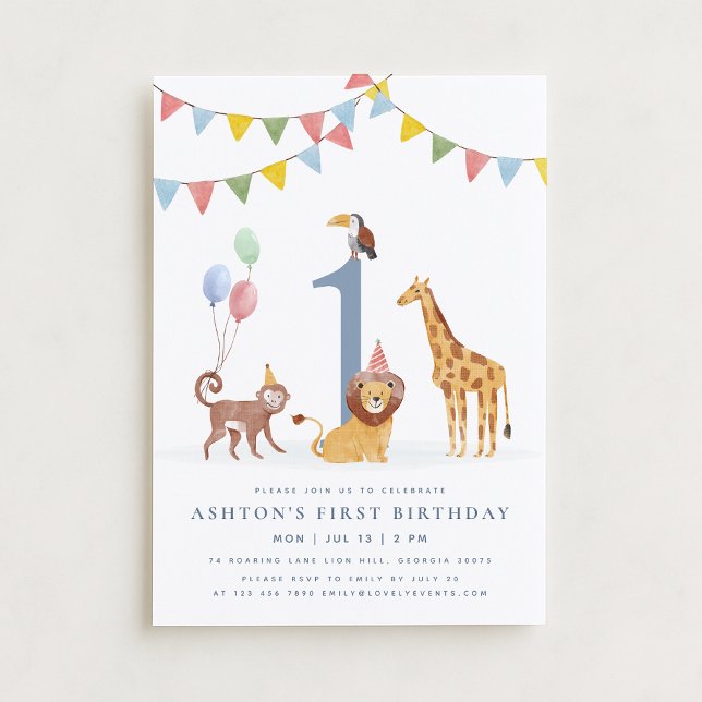 Invitation Watercolor Wild Animals First Birthday (Créateur téléchargé)