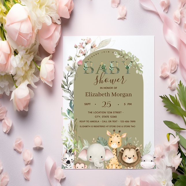 Invitation Watercolor Wild Animals Flowers Baby Shower   (Créateur téléchargé)