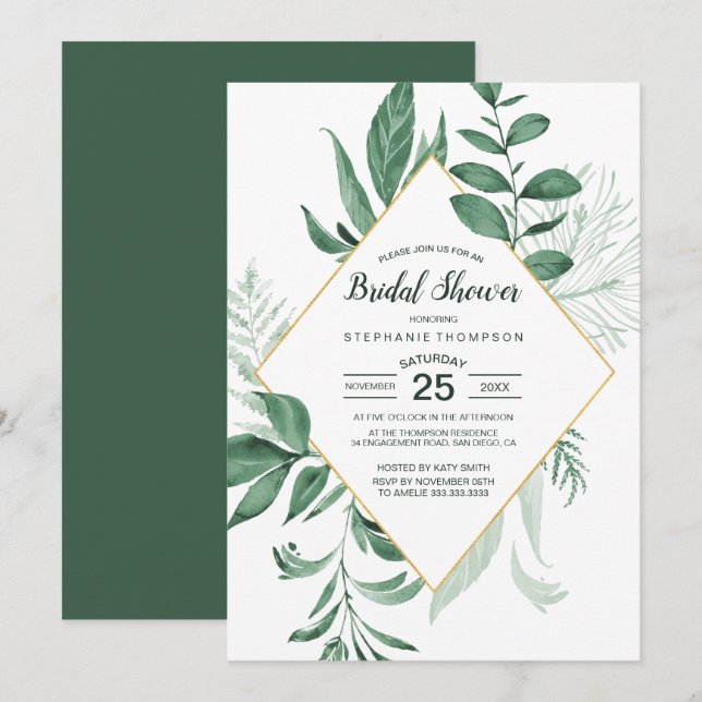 Invitation Watercolor Wild Feuilles Hunter Green Bridal Showe (Devant / Derrière)