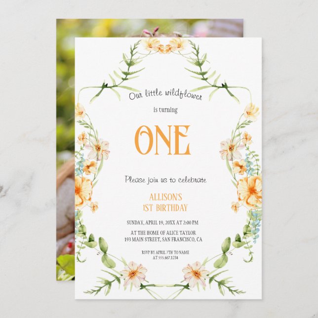 Invitation Watercolor Wildflower 1st Birthday Mauve Girl  (Devant / Derrière)